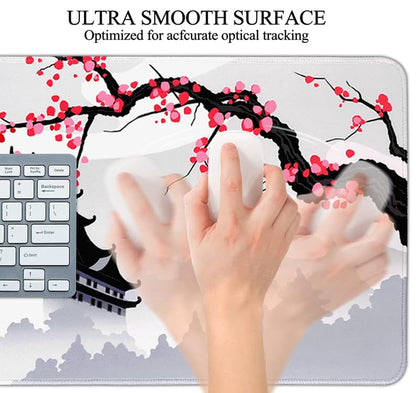 Japanese Cherry Blossom Gaming Mouse Pad 31.5x11.8in Pink Full Desk Japanese Sakura Gaming Mouse Pad Large Non-Slip Rubber Base Waterproof Big Keyboard Mat with Stitched Edges for Game Office - color: Japanese Cherry Blossom, size: 31.5" x 11.9"