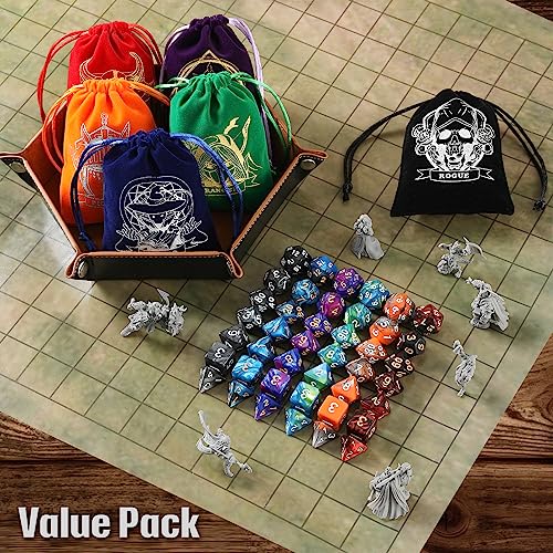 Grajar D&D Dice Set with Characters Pattern Dice Pouches, 42 Pcs polyhedral dice Set, PU Leather and Velvet dice Tray for Dungeons and Dragons D&D RPG MTG Table Games - style: Role-Bicolor