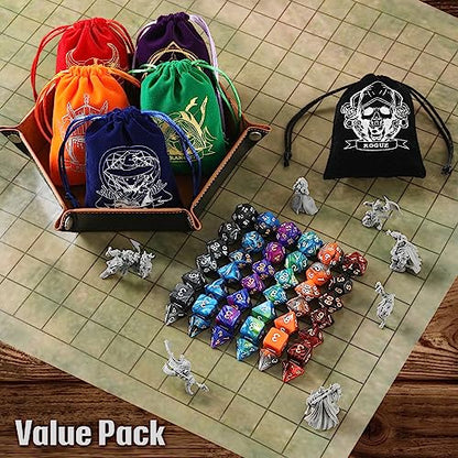 Grajar D&D Dice Set with Characters Pattern Dice Pouches, 42 Pcs polyhedral dice Set, PU Leather and Velvet dice Tray for Dungeons and Dragons D&D RPG MTG Table Games - style: Role-Bicolor