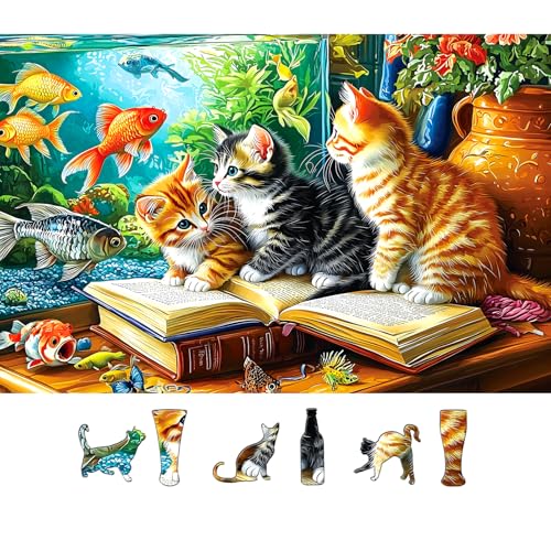 500 Piece Jigsaw Puzzles for Adults - Cats & Goldfish Aquarium Scene Colorful Kittens Book Puzzle with Letters on Back for Seniors Perfect for Game Night (23x15 Inch) - color: Colorful-cats & Goldfish