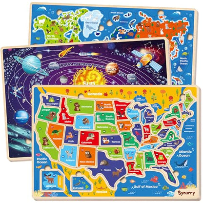 SYNARRY Large USA World Solar System Wooden Puzzles for Kids Ages 4-6, Wood Jigsaw Puzzles Educational Games Toys Gifts for Toddlers, Learning United States World Space Maps for Boys Girls Ages 3-8 - style: USA World Solar System