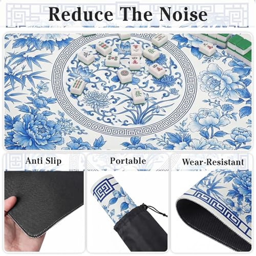 Britimes Mahjong Mat with Black Carrying Bag,31.5"x31.5", Blue Floral | Non-Slip Noise Reduction Gaming Mat Rubber Multi Purpose Game Table Cover for Mahjong Card Dominoes Board Tile Games - color: Blue Flowers Leaves