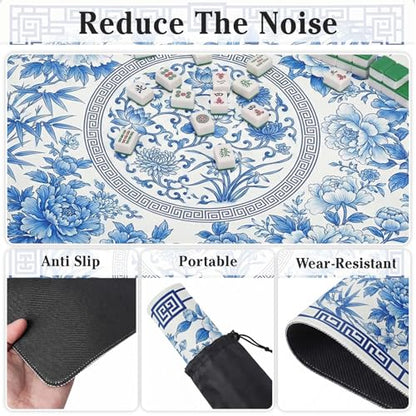 Britimes Mahjong Mat with Black Carrying Bag,31.5"x31.5", Blue Floral | Non-Slip Noise Reduction Gaming Mat Rubber Multi Purpose Game Table Cover for Mahjong Card Dominoes Board Tile Games - color: Blue Flowers Leaves