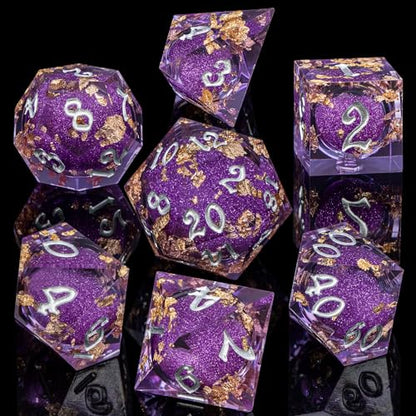 ARUOHHA Liquid Core DND Dice Set, 7pcs Resin Sharp Edged Dragons Dice RPG Role Playing Games, Silver Numbers Purple Dungeons Polyhedral Dice with Gift Box D20 D12 D10 D8 D6 D4 - color: Silver Purple