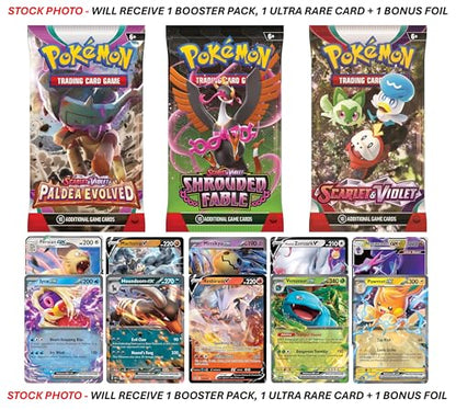 Pokemon TCG: 1 Authentic Factory Sealed Booster Pack and 1 Ultra Rare (V, EX, GX, VMAX, VSTAR, Etc.) + 1 Bonus Holofoil Card