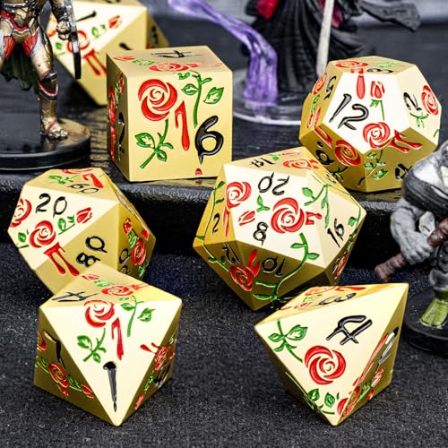 Gothic DND Dice Set Bleeding Rose Metal D and D Dice for use with Dungeons Dragons D&D Role Playing Game, Red RPG Blood Polyhedral Dice Set D20 D12 D10 D8 D6 D4 - color: Red&gold&black Numbers