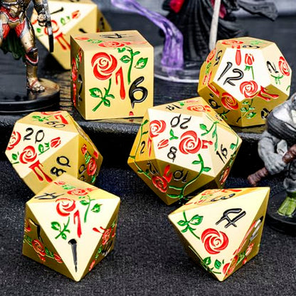 Gothic DND Dice Set Bleeding Rose Metal D and D Dice for use with Dungeons Dragons D&D Role Playing Game, Red RPG Blood Polyhedral Dice Set D20 D12 D10 D8 D6 D4 - color: Red&gold&black Numbers