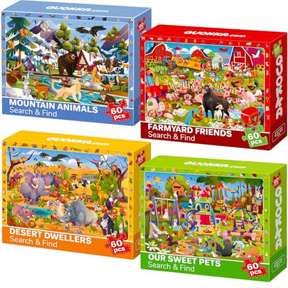 QUOKKA Puzzles for Kids Ages 4-6 - Toddler Puzzles Ages 3-5 - 4-Pack 60 Piece Search and Find Animals Jigsaw Puzzle 6-8 - Learning Toys for 3 Year Old Boys and Girls - Educational Games Gift - color: Red, Blue, Yellow, Green
