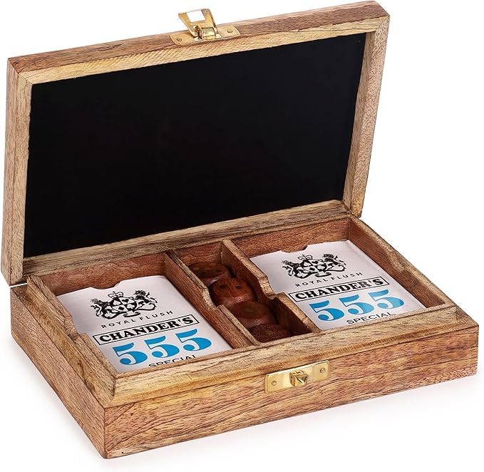 Handmade Wooden Playing Card Holder Box -See Through Playing Cards Case with Include 2 Sets of Cards Including Wooden 4 Dice