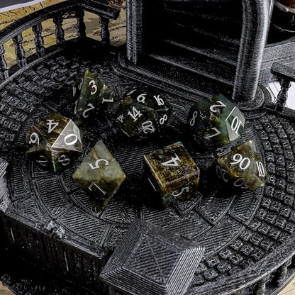 LUCKY-M Labradorite Gemstone DND Dice Set, 7 PCS Dungeons and Dragons Dice with Case for RPG, Unique Stone Dice Set D&D D4 D6 D8 D10 D00 D12 D20(LD-Silver) - color: Ld-silver