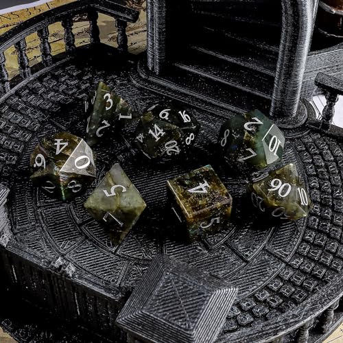 LUCKY-M Labradorite Gemstone DND Dice Set, 7 PCS Dungeons and Dragons Dice with Case for RPG, Unique Stone Dice Set D&D D4 D6 D8 D10 D00 D12 D20(LD-Silver) - color: Ld-silver