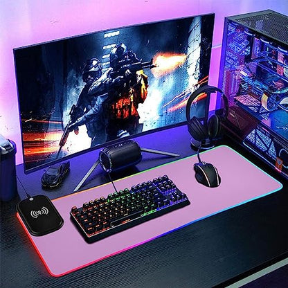 Lavender Magenta Wireless Charging RGB Gaming Mouse Pad 15W, LED Mouse Mat 31.5 x 11.8 Inch, 14 Light Modes Extra Large Mousepad Non-Slip Rubber Base Computer Keyboard Mat for Gaming, PC, Laptop, Desk - color: Lavender Magenta, size: XX-Large 31.5x11.8in