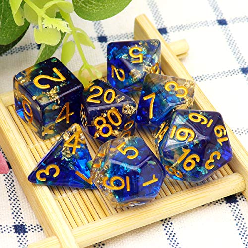 Haxtec DND Dice Set 7PCS Polyhedral D&D Dice for Roleplaying Games, Blue Clear Gold Foil Resin Dice with Velvet Pouch for Dungeons and Dragons, Great DND Gift for Gamers & DM Masters - color: Blue Clear