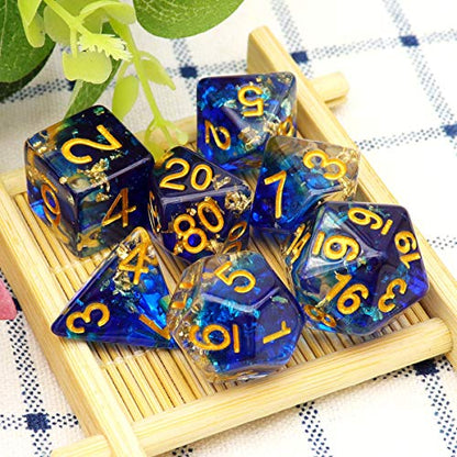 Haxtec DND Dice Set 7PCS Polyhedral D&D Dice for Roleplaying Games, Blue Clear Gold Foil Resin Dice with Velvet Pouch for Dungeons and Dragons, Great DND Gift for Gamers & DM Masters - color: Blue Clear