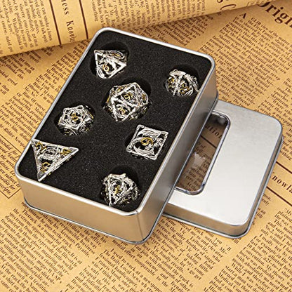 DND Dice,Hollow D&D Metal Dice,Dungeons and Dragons Dice Set with Gift Box,7 PCs Steampunk Polyhedral Dice Games Set for RPG,MTG,Pathfinder,(Dragon Silver Golden) - color: Dragon Silver Golden