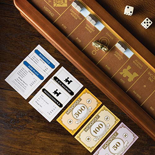 WS Game Company Monopoly Luxury Edition Wooden Board Game Set, 2-6 Players | Luxurious Wood Cabinet, Gold Foil Stamped Game Board, Faux Leather Rolling Area, 2 Storage Drawers, for Collectors and Adults