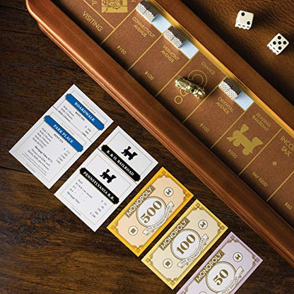 WS Game Company Monopoly Luxury Edition Wooden Board Game Set, 2-6 Players | Luxurious Wood Cabinet, Gold Foil Stamped Game Board, Faux Leather Rolling Area, 2 Storage Drawers, for Collectors and Adults