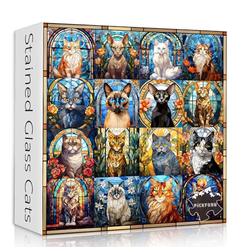 Stained Glass Puzzle Cat Puzzles for Adults 1000 Pieces, Colorful Kitty Kitten Collage Puzzles 1000 Pieces, Hard Difficult Impossible Challenging Jigsaw Puzzles for Adults - style: Stained Glass Cats