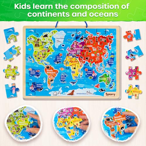 SYNARRY Large USA World Solar System Wooden Magnetic Puzzles for Kids Ages 4-6, Wood Puzzles Educational Games Toys Easter Gifts for Toddlers, United States World Space Map for Boys Girls Ages 3-5 4-8 - style: Magnetic USA World Solar System