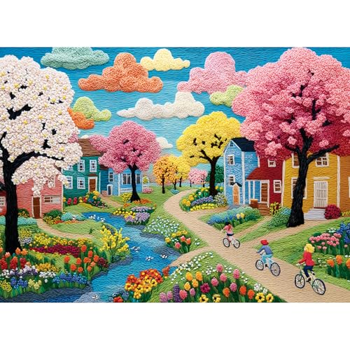 500 Piece Puzzle for Adults, Colorful Spring Town Jigsaw Puzzles 500 Pieces | Knitted Style Nature Scenery Puzzle for Teens Adults Seniors,Trees River Bicycle Riders Puzzle Home Decor Birthday Party Gift - color: Spring Town