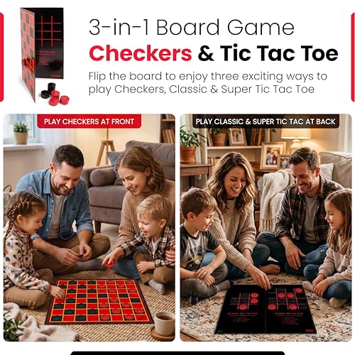 Kangaroo - Multiplayers Strategy Checker Board Game for Kids & Adults - Portable Educational Travel Cardboard Checkers - Includes Large Board w/ 24 Checkers (12 Red and 12- Black) 15x15 Inches