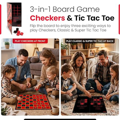 Kangaroo - Multiplayers Strategy Checker Board Game for Kids & Adults - Portable Educational Travel Cardboard Checkers - Includes Large Board w/ 24 Checkers (12 Red and 12- Black) 15x15 Inches