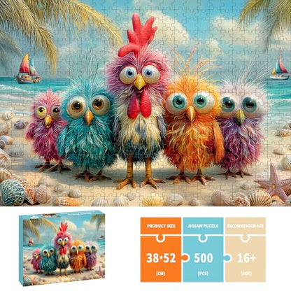 Puzzles for Adults 500 Pieces, Chicken Jigsaw Puzzles - Beach Bunch, Impossible Beach Puzzles for Seniors Family, 20.47x14.96 inches, 1:1 Poster, Letter on The Back