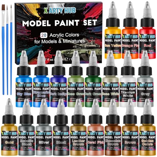 X ARTY HUB Model Paint Set, 20-Color Miniature Painting Kit with 3 Brushes | Brush or Airbrush Acrylic Paint Kit for Model Cars, Tabletop Figures & Wargaming Miniatures, Base/Skin/Shadow/Metallic Colors - color: 20 Colors + 3 Brushes