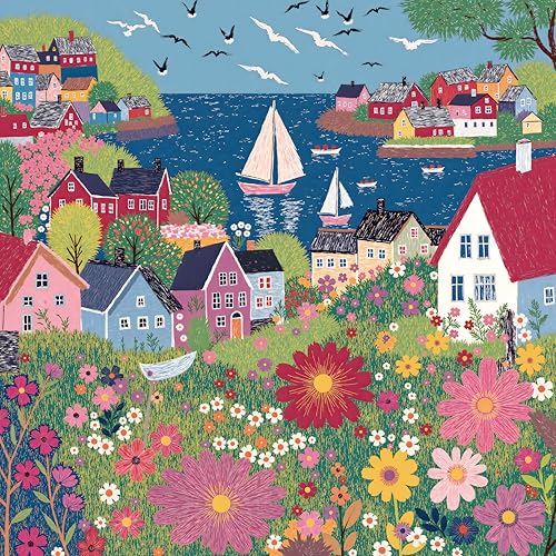 Jigsaw Puzzles for Adults 1000 Pieces, Seaside Town | Peaceful Ocean Village Scene, Challenging Square Puzzle for Family Fun Home Decor, 22.5x22.5 Inches - color: Seaside Town