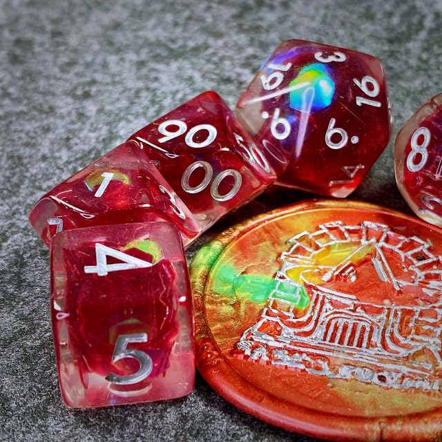 Sage’s Portal Cantrips DND Dice Set - Round Edge Resin 7-PC Polyhedral DND Dice Set for Dungeons and Dragons D&D RPG Tabletop TTRPG (Red Holo Flakes) - color: Red Holo Flakes