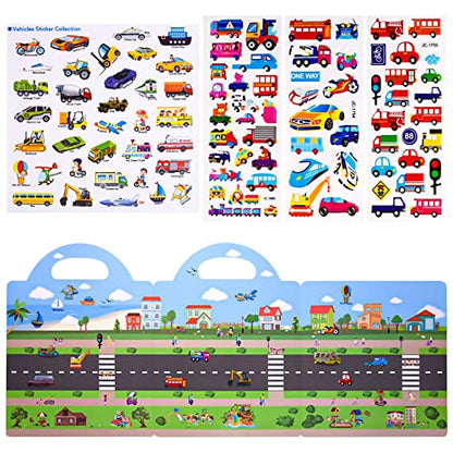 ASTARON 88 Pcs Vehicle Sticker Book for Toddlers, Reusable 3D Sticker Books Road Trip Activities Car Airplane Activities Travel Toys for Kids(2-6 Age) - style: Vehicles