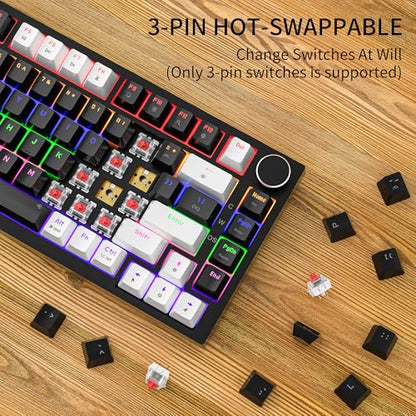 Newmen GM326 75% Percent Mechanical Keyboard,Wired Mini Backlit Hot Swappable Gaming Mechanical Keyboard with Knob,82 Keys Anti-Ghosting Compact White/Black Gaming Keyboards for PC Win Mac,Red Switch - color: White/Black