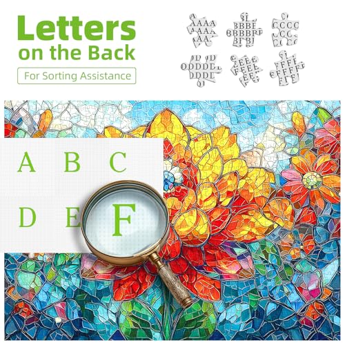 MINIWAN 1000 Piece Stained Glass Lotus Flower Jigsaw Puzzle | 27.5"x19.7", Letters on Back, Reference Poster, For Adults & Seniors - color: Flower of Life
