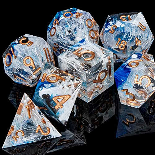 ARUOHHA Blue DND Resin Dice Set 7PCS Translucent Handmade RPG Polyhedral Sharp Edge Dice Set with Gift Box, Glitter Inclusions D and D Dice D20 D12 D10 D8 D6 D4 - color: Blue