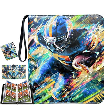 Football Card Binder with Sleeves, 4-Pocket Portable Card Protectors Album Holder Book with Zipper, Fits 400 Cards with 50 Removable Sleeves, Football Cards Display Storage Carrying Case -02 - color: Football- 02- 400 cards