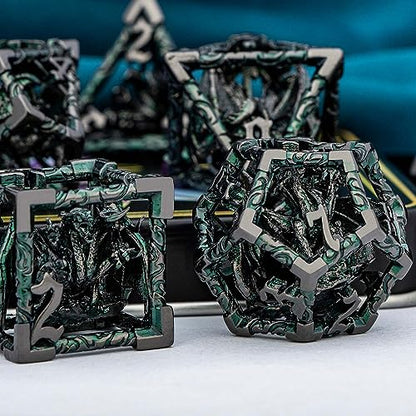 ARUOHHA Hollow DND Dice Set Black Green 5-Headed Dragons D and D Dice with Gift Box, RPG Role Playing Games 7PCS Metal Dungeons Polyhedral Dice Set D20 D12 D10 D8 D6 D4 - color: Black Green-02