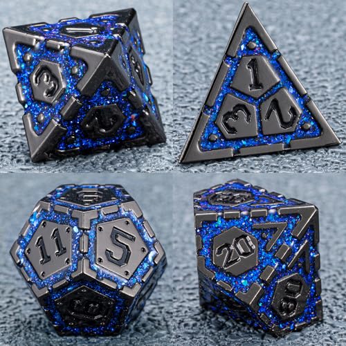 DND Metal Dice Set with Cracks, Polyhedral Dice for RPG D&D Dungeons and Dragons RPG TTRPG D and D 7-Die with Gift Case (Black Nickel Sapphire Blue) - color: Black Nickel Sapphire Blue