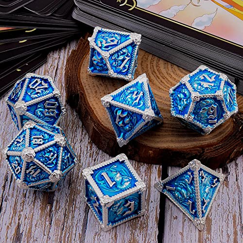 AUSTOR 7-Die Metal DND Dice Set Dungeons and Dragons Polyhedral Roll Playing Dice with Box D20 D12 D10 D% D8 D6 D4 for Pathfinder MTG RPG Board Games - color: Sky Blue With Silver Edge