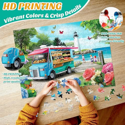300 Pieces Puzzles for Adults,Large Pieces Beach Puzzle for Kids Teens Seniors,Funny Coastal Lighthouse Food Truck Jigsaw Puzzle for Kids Ages 8-10 10-12,Summer Seaside Puzzles Family Game Nights - style: Beach