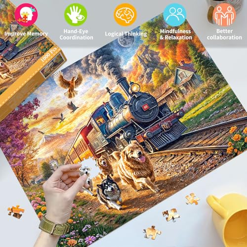 Puzzles for Adults 1000 Pieces,Happy Train Jigsaw Puzzle with 1:1 HD Poster, Perfect Interlocking No Dust, Stress Relief Ideal Gift for Family Games - color: Happy Train