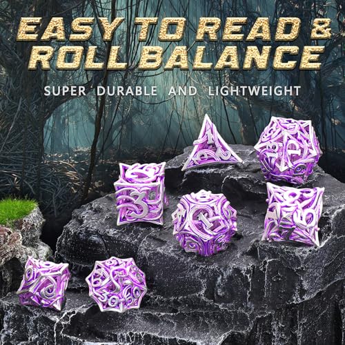 FONVGOGO Metal DND Dice Set of 7 for Dungeons and Dragons Hollow Polyhedral Metal Vine Dice Set DND with Case Role Playing D and D RPG Dice for Tabletop Games Ttrpg (Vine White Purple) - color: Vine White Purple