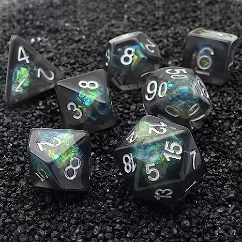 Haxtec Black DND Dice Set, 7 Pcs Iridescent Resin Polyhedral RPG Dice | Role Playing Games Dice with Velvet Pouch, Rounded Edge, Compatible with Dungeons and Dragons, Gifts for D&D Lovers - color: Black Green Silver