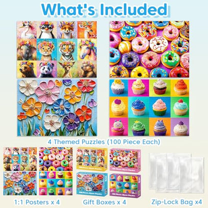100 Piece Puzzles for Kids Ages 4-8 - Animals Flower Cupcakes Donuts Puzzle for Kids Ages 8-10 Large Puzzles for Senior Jigsaw Puzzles for Kid Ages 6-8 Year Old Educational Puzzle Toys 4-Pack - style: Wild Animals Portraits Flowers Donuts