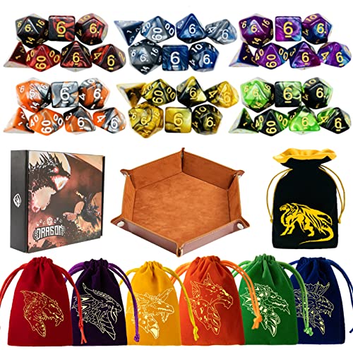 DND Dice Set 42 Pcs Polyhedral Dungeons and Dragons Rolling Dice for D&D RPG MTG Table Games Dice Bulk with Colorful Drawstring Bags and Dice Tray (Double-Color) - color: Double-color