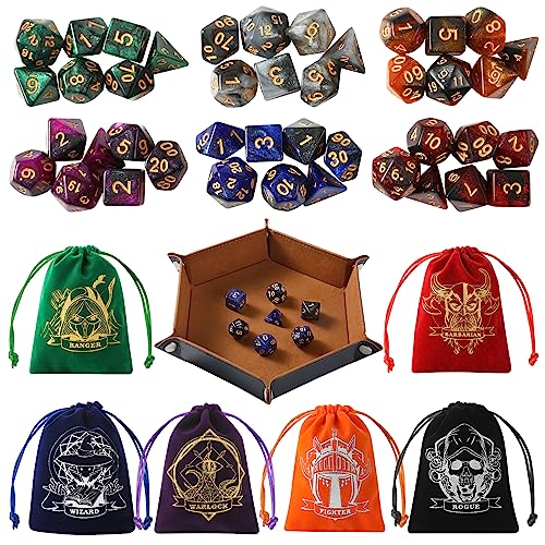 Grajar D&D Dice Set with Characters Pattern Dice Pouches, 42 Pcs polyhedral dice Set, PU Leather and Velvet dice Tray for Dungeons and Dragons D&D RPG MTG Table Games Starry Sky - style: Role-Starry Sky