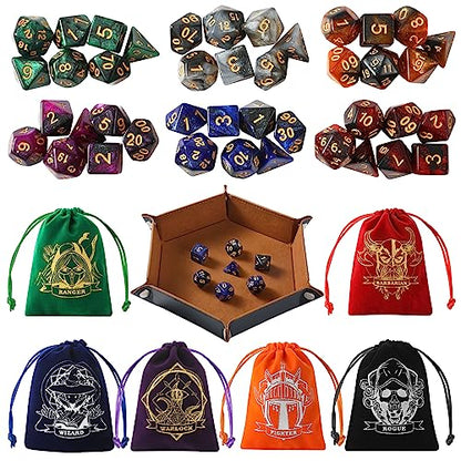 Grajar D&D Dice Set with Characters Pattern Dice Pouches, 42 Pcs polyhedral dice Set, PU Leather and Velvet dice Tray for Dungeons and Dragons D&D RPG MTG Table Games Starry Sky - style: Role-Starry Sky