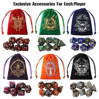 Grajar D&D Dice Set with Characters Pattern Dice Pouches, 42 Pcs polyhedral dice Set, PU Leather and Velvet dice Tray for Dungeons and Dragons D&D RPG MTG Table Games Starry Sky - style: Role-Starry Sky
