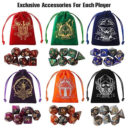 Grajar D&D Dice Set with Characters Pattern Dice Pouches, 42 Pcs polyhedral dice Set, PU Leather and Velvet dice Tray for Dungeons and Dragons D&D RPG MTG Table Games Starry Sky - style: Role-Starry Sky