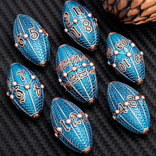 ARUOHHA DND Metal Dice Copper Blue Dragon Egg Dice with Metal Box, Role Playing Game RPG Polyhedral D and D Dice Set D20 D12 D10 D8 D6 D4 - color: Copper Blue-02