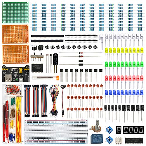 Electronics Component Fun Kit w/E-Book, Upgraded Electronic Starter Kit with Breadboard, Jumper Wires, PCB Soldering Kit, LEDs & Resistor Kit for Arduino, Raspberry Pi, ESP32, ESP8266